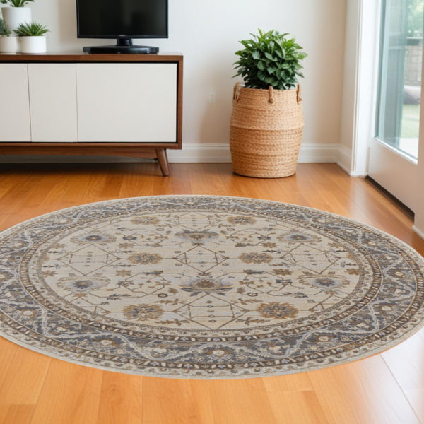 HomeRoots 9' Elegant Tan Ivory and Gray Oriental Area Rug for Luxurious Comfort in Any Room Decor Style 8' Round 515302