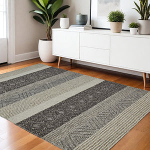HomeRoots 10' Hand-Woven Wool Striped Area Rug in Gray, Black & Taupe – Durable, Stain-Resistant, Cozy Texture 4' X 6' 515304