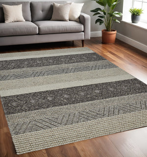 HomeRoots 10' Hand-Woven Wool Striped Area Rug in Gray, Black & Taupe – Durable, Stain-Resistant, Cozy Texture 5' X 8' 515305