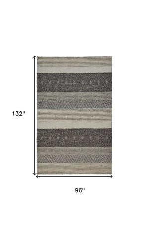 Homeroots 8' X 11' Ivory Black And Gray Wool Striped Hand Woven Area Rug  Wool 515306