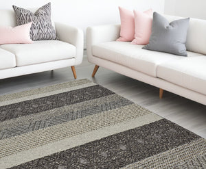 Homeroots 8' X 11' Ivory Black And Gray Wool Striped Hand Woven Area Rug  Wool 515306