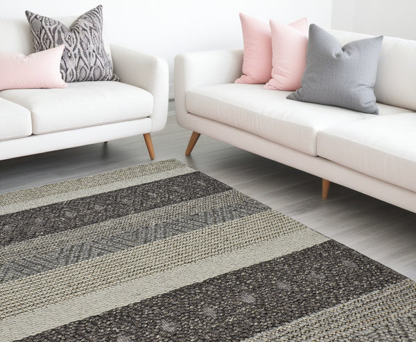 Homeroots 8' X 11' Ivory Black And Gray Wool Striped Hand Woven Area Rug  Wool 515306