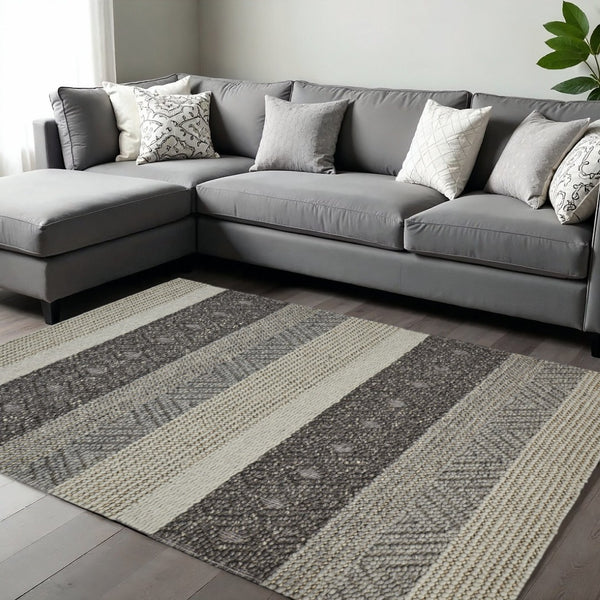 HomeRoots 10' Hand-Woven Wool Striped Area Rug in Gray, Black & Taupe – Durable, Stain-Resistant, Cozy Texture 8' X 11' 515306