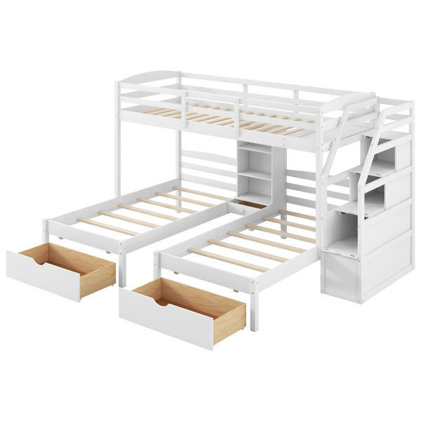 English Elm Twin Triple Bunk Bed White Pine Frame with Staircase Storage Drawers and Built Shelves GX000324AAK-1