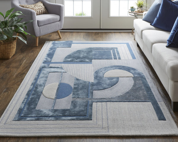 Homeroots 5' X 8' Blue Ivory And Gray Wool Striped Tufted Handmade Area Rug  Wool 515326
