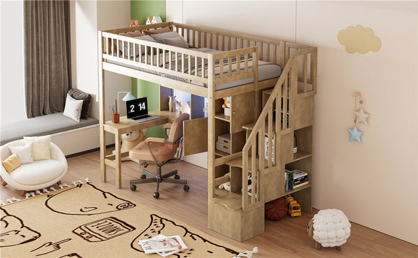 English Elm Wood Twin Loft Bed with Built-In L-Desk, LED Lighting, Staircase Storage, Shelves & Cabinets Walnut N7090000470D