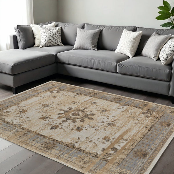 HomeRoots 9' Timeless Tan Brown and Gray Oriental Distressed Area Rug for Elegant Living Spaces and Comfort 8' X 10' 515494
