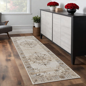Homeroots 8' Brown And Ivory Oriental Power Loom Distressed Runner Rug  Viscose,Polyester 515495