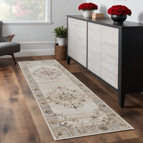 Homeroots 8' Brown And Ivory Oriental Power Loom Distressed Runner Rug  Viscose,Polyester 515495