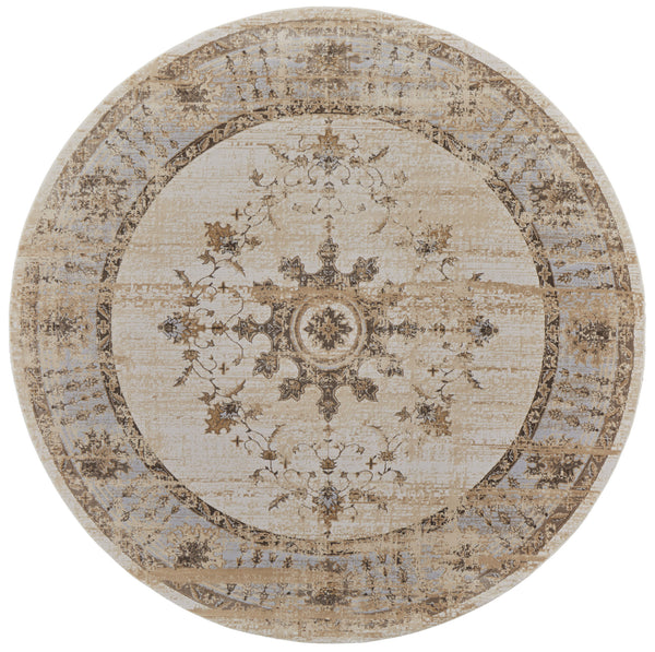 Homeroots 8' Brown And Ivory Round Oriental Power Loom Distressed Area Rug  Viscose,Polyester 515496