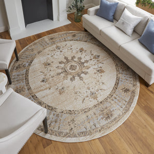 Homeroots 8' Brown And Ivory Round Oriental Power Loom Distressed Area Rug  Viscose,Polyester 515496