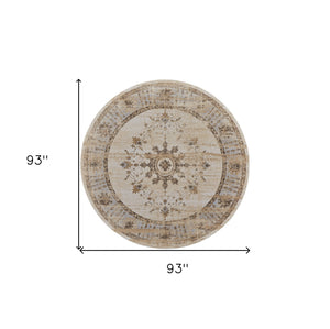 Homeroots 8' Brown And Ivory Round Oriental Power Loom Distressed Area Rug  Viscose,Polyester 515496