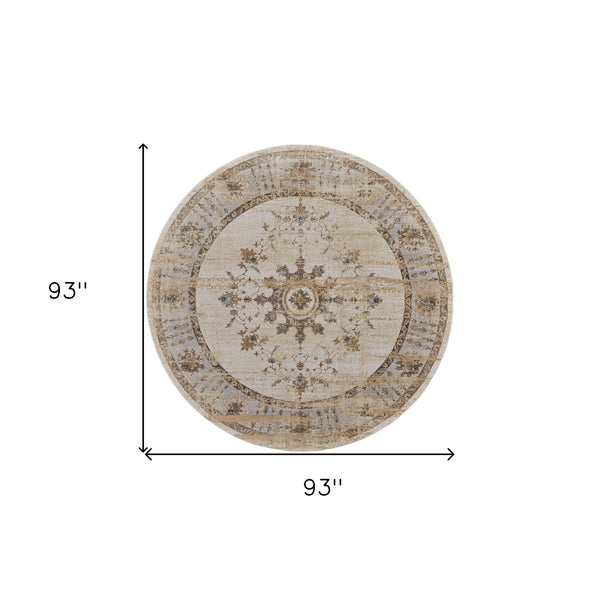 Homeroots 8' Brown And Ivory Round Oriental Power Loom Distressed Area Rug  Viscose,Polyester 515496
