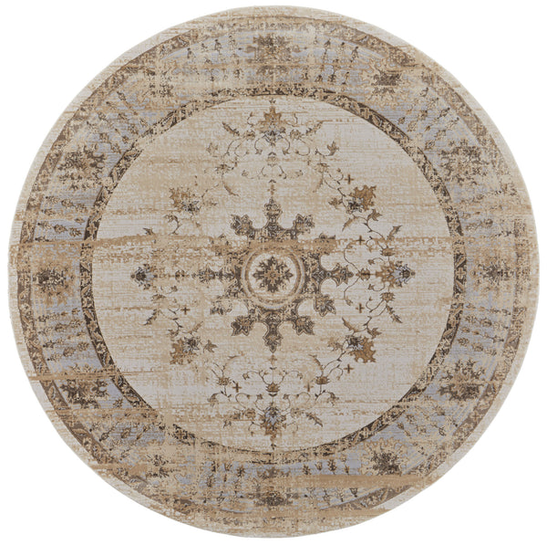Homeroots 8' Brown And Ivory Round Oriental Power Loom Distressed Area Rug  Viscose,Polyester 515496