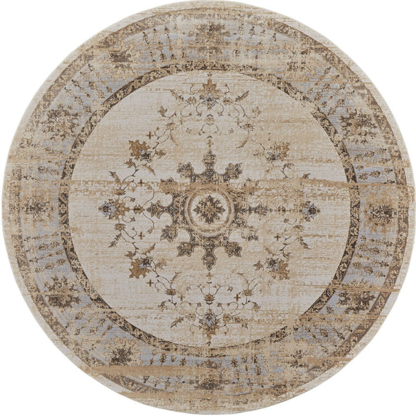 Homeroots 8' Brown And Ivory Round Oriental Power Loom Distressed Area Rug  Viscose,Polyester 515496