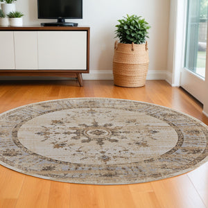 Homeroots 8' Brown And Ivory Round Oriental Power Loom Distressed Area Rug  Viscose,Polyester 515496