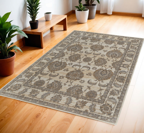 HomeRoots 9' Elegant Tan and Brown Oriental Area Rug - Luxurious Viscose Pile for Timeless Home Decor Style 4' X 6' 515498