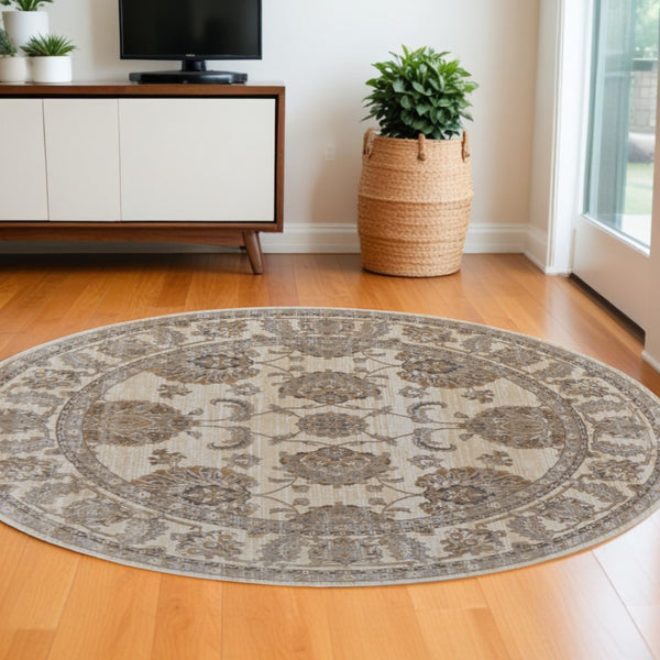 HomeRoots 9' Elegant Tan and Brown Oriental Area Rug - Luxurious Viscose Pile for Timeless Home Decor Style 8' Round 515502
