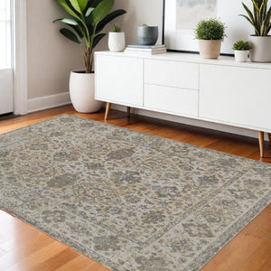 HomeRoots 9' Elegant Gray Ivory Tan Oriental Area Rug – Luxurious Design, Durable, Ideal for Any Room Decor 4' X 6' 515504