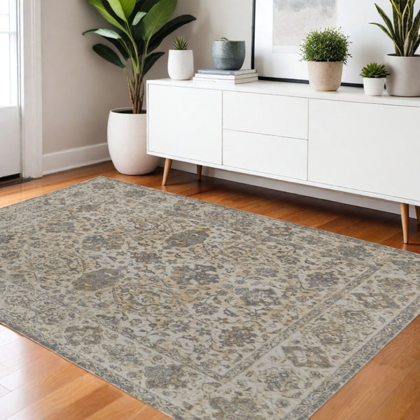 HomeRoots 9' Elegant Gray Ivory Tan Oriental Area Rug – Luxurious Design, Durable, Ideal for Any Room Decor 4' X 6' 515504