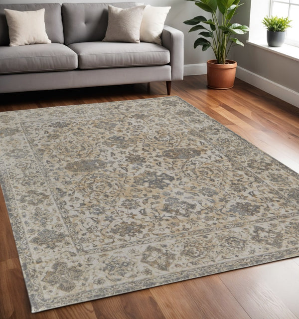 HomeRoots 9' Elegant Gray Ivory Tan Oriental Area Rug – Luxurious Design, Durable, Ideal for Any Room Decor 5' X 8' 515505