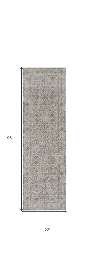 HomeRoots 9' Elegant Gray Ivory Tan Oriental Area Rug – Luxurious Design, Durable, Ideal for Any Room Decor 8' Runner 515507