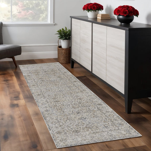 HomeRoots 9' Elegant Gray Ivory Tan Oriental Area Rug – Luxurious Design, Durable, Ideal for Any Room Decor 8' Runner 515507