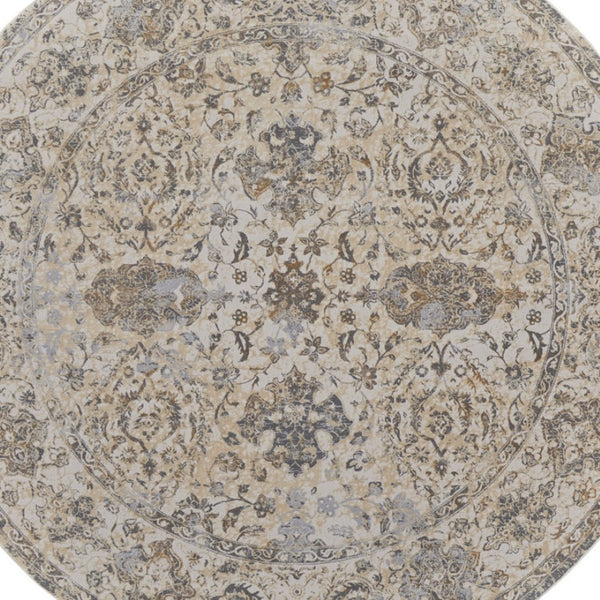 HomeRoots 9' Elegant Gray Ivory Tan Oriental Area Rug – Luxurious Design, Durable, Ideal for Any Room Decor 8' Round 515508
