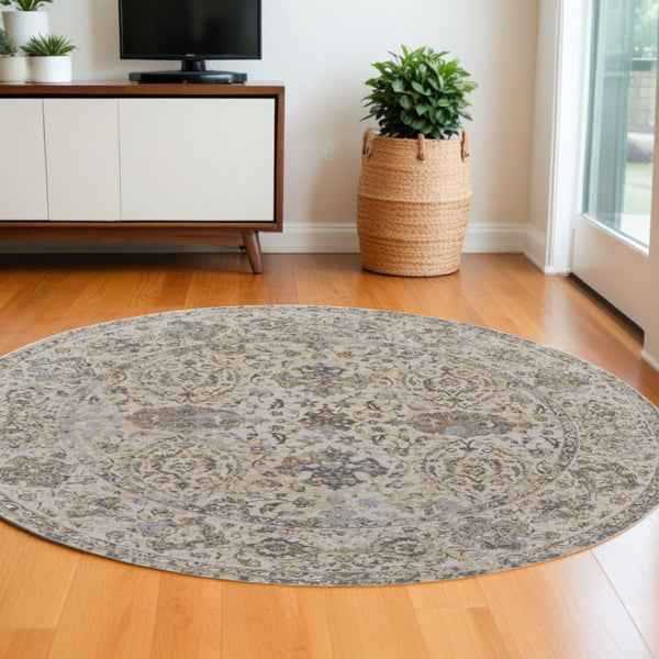 HomeRoots 9' Elegant Gray Ivory Tan Oriental Area Rug – Luxurious Design, Durable, Ideal for Any Room Decor 8' Round 515508