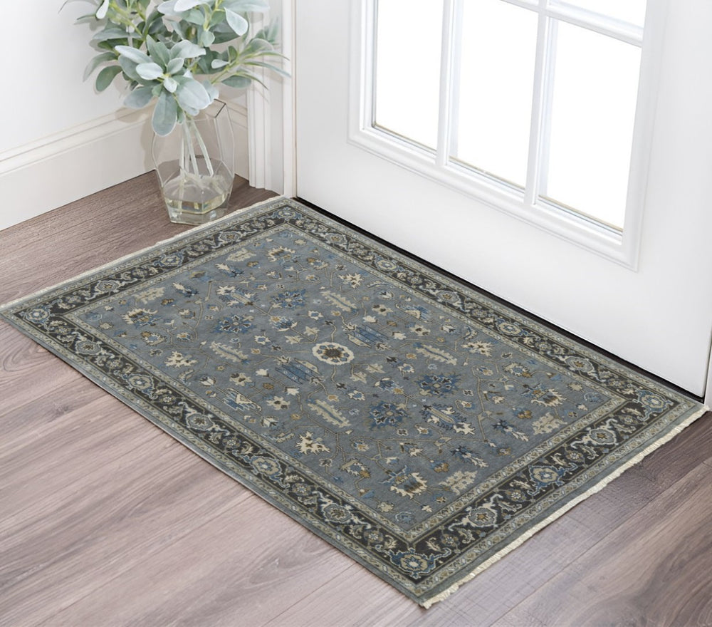 HomeRoots 8' Hand-Knotted Wool Floral Area Rug in Blue-Gray & Taupe – Stain Resistant, Timeless Elegance for Every Room 2' X 3' 515523
