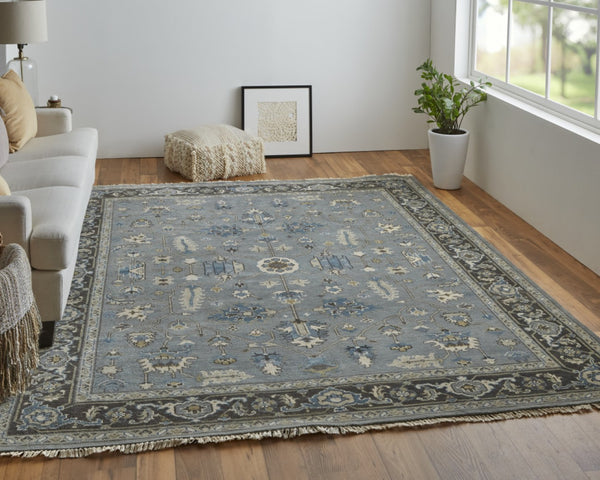 HomeRoots 8' Hand-Knotted Wool Floral Area Rug in Blue-Gray & Taupe – Stain Resistant, Timeless Elegance for Every Room 2' X 3' 515523