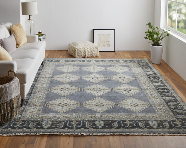 HomeRoots 9' Blue and Gray Floral Hand-Knotted Wool Area Rug - Elegant Design for Living Spaces and Durability 2' X 3' 515524