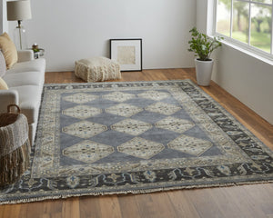HomeRoots 9' Blue and Gray Floral Hand-Knotted Wool Area Rug - Elegant Design for Living Spaces and Durability 2' X 3' 515524