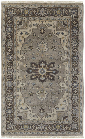 HomeRoots 5' Hand-Knotted Wool Medallion Area Rug in Beige, Blue & Gray - Timeless Style for Any Space 2' X 3' 515526