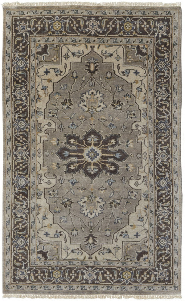 HomeRoots 5' Hand-Knotted Wool Medallion Area Rug in Beige, Blue & Gray - Timeless Style for Any Space 2' X 3' 515526