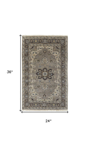 HomeRoots 5' Hand-Knotted Wool Medallion Area Rug in Beige, Blue & Gray - Timeless Style for Any Space 2' X 3' 515526