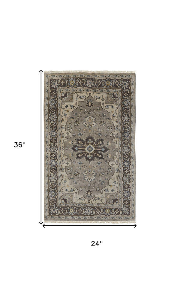 HomeRoots 5' Hand-Knotted Wool Medallion Area Rug in Beige, Blue & Gray - Timeless Style for Any Space 2' X 3' 515526