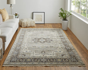 HomeRoots 5' Hand-Knotted Wool Medallion Area Rug in Beige, Blue & Gray - Timeless Style for Any Space 2' X 3' 515526