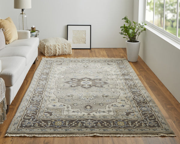 HomeRoots 5' Hand-Knotted Wool Medallion Area Rug in Beige, Blue & Gray - Timeless Style for Any Space 2' X 3' 515526