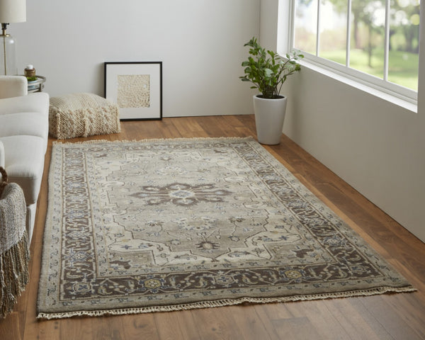 HomeRoots 5' Hand-Knotted Wool Medallion Area Rug in Beige, Blue & Gray - Timeless Style for Any Space 2' X 3' 515526