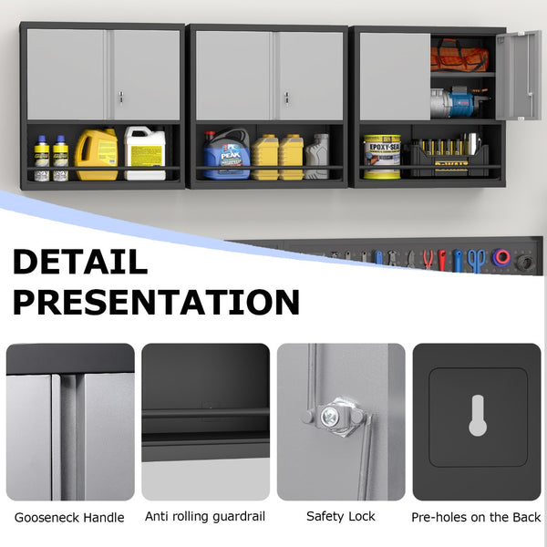 English Elm Metal Wall Mounted Steel Cabinet Lockable Doors Adjustable Shelves Kitchen Office Storage Black+Grey T3625P366860
