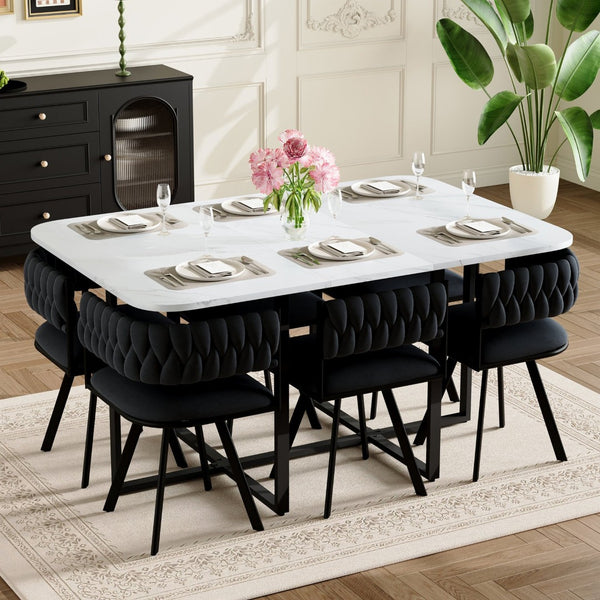 English Elm 7-piece Dining Set Tufted Velvet Chairs Melamine Table Modern Farmhouse Kitchen Black,White W3875S00118