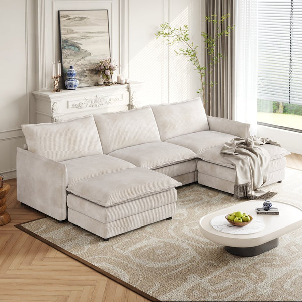 English Elm Corduroy 3-Seater Cloud Couch With Movable Footrests - Oversized U-Shaped Sofa For Ultimate Comfort W834S00427