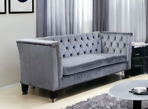 Homeroots 70" Blue Gray And Black Velvet Loveseat   515667