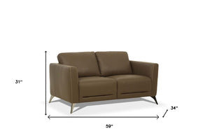 HomeRoots 59" Luxurious Brown & Silver Leather Loveseat - Chic Comfort for Modern Living Spaces & Offices 515672