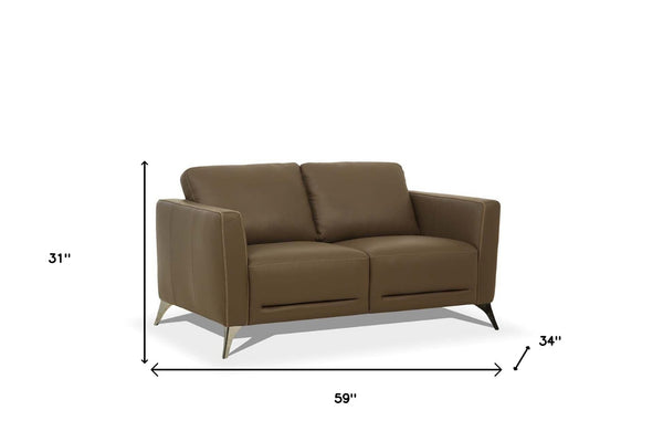 HomeRoots 59" Luxurious Brown & Silver Leather Loveseat - Chic Comfort for Modern Living Spaces & Offices 515672