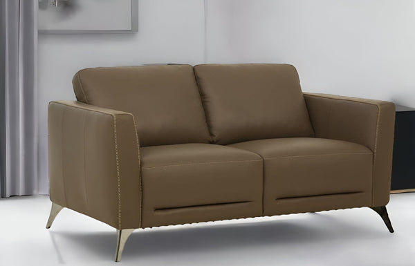 HomeRoots 59" Luxurious Brown & Silver Leather Loveseat - Chic Comfort for Modern Living Spaces & Offices 515672