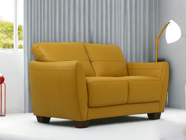Homeroots 57" Mustard And Brown Leather Loveseat   515674