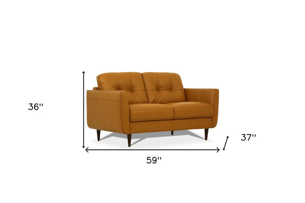 HomeRoots 59" Camel and Brown Leather Loveseat - Luxurious Comfort, Stylish Design, Perfect for Any Space 515676