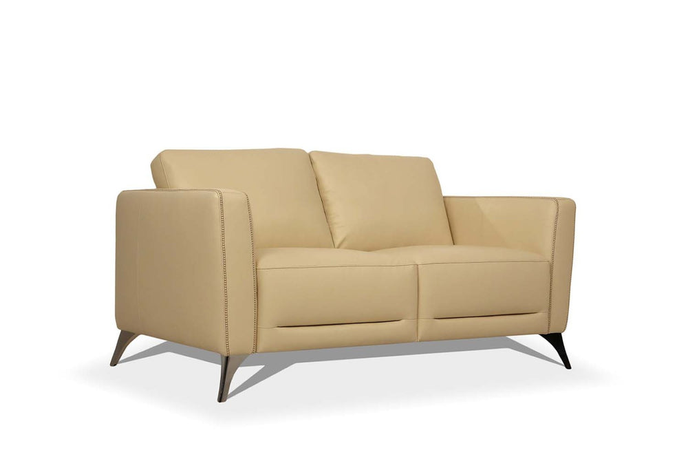 HomeRoots 59" Cream Leather Loveseat with Silver Accents - Modern Comfort for Stylish Living Spaces & Offices 515678